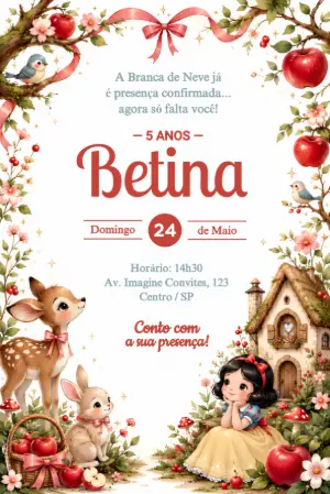 Convite de Aniversário Branca de Neve Aquarela Editável