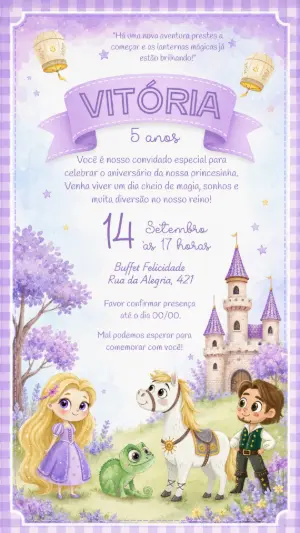 Convite de Aniversário Rapunzel Aquarela para Editar