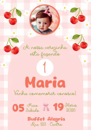 Convite de Aniversário Cerejinha com Foto para Editar Online