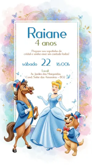 Convite Aniversário Cinderela com Personagens para Editar Online