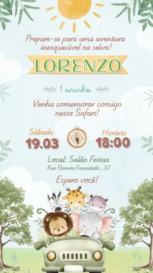 Convite de Aniversário Safari Aquarela Editável