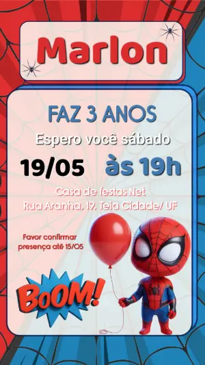 Convite de Aniversário Homem Aranha Infantil para Editar