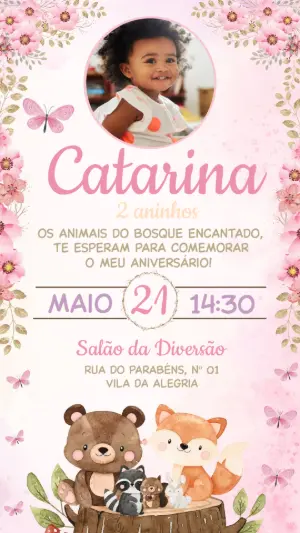 Convite Aniversário Bosque Encantado com Foto Editável