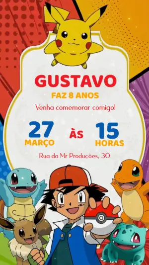 Convite de Aniversário Pokémon com Personagens para Editar Online