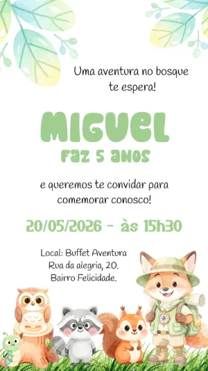 Convite de Aniversário Infantil Bosque Aventura Editável