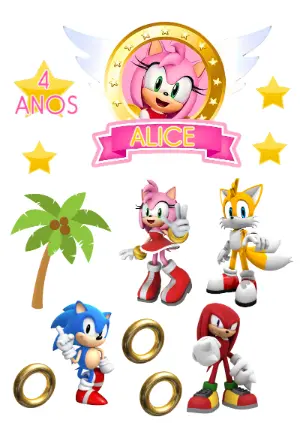 Kit Topper de Bolo Sonic Rose e Amigos Editável para Imprimir