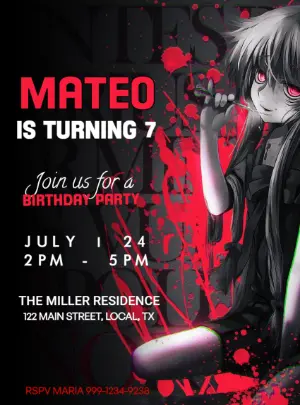 Mirai Nikki Anime Birthday Invitation | Red & Black Design