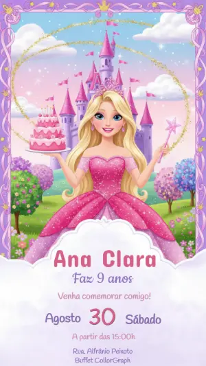 Convite de Aniversário Princesa Rosa com Castelo para Editar