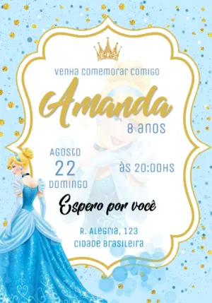 Convite de Aniversário Cinderela Princesa Azul e Dourado Editável