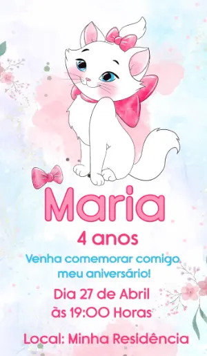 Convite Digital Editável Aniversário Gata Marie Aquarela
