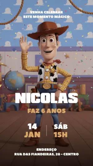 Convite Aniversário Toy Story com Woody para Editar Online