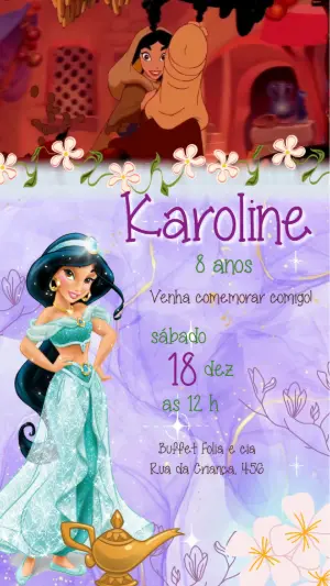 Convite Animado Aniversário Aladdin e Jasmine para Editar