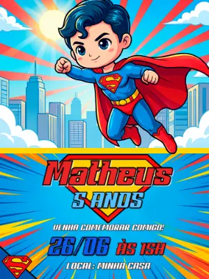 Convite Digital Infantil Herói Superman Modelo Editável