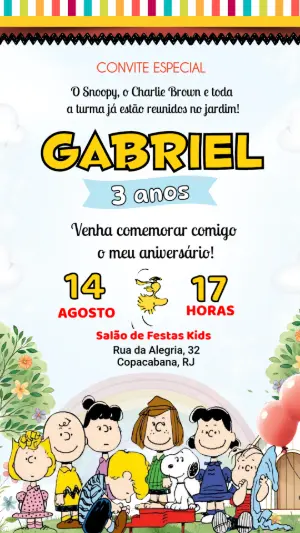 Vídeo Convite de Aniversário Snoopy e Charlie Brown para Editar