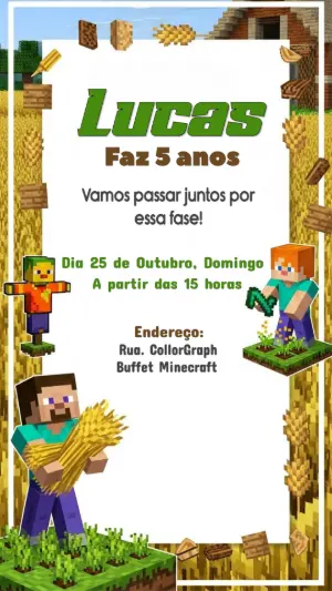 Convite de Aniversário Minecraft com Personagens para Editar