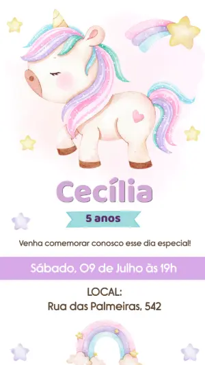 Convite de Aniversário Unicórnio Aquarela Fofo para Editar