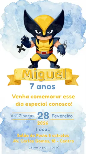 Convite de Aniversário Wolverine Aquarela para Editar