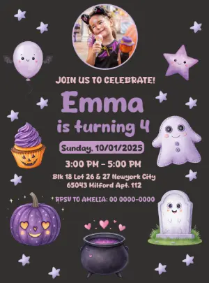 Editable Cute Halloween Birthday Invitation with Photo Template