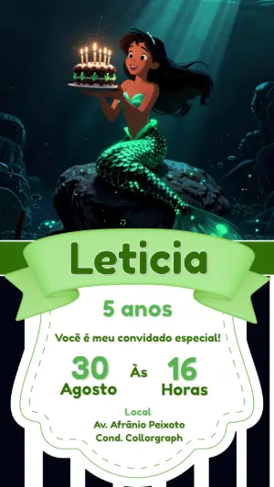 Convite Digital Aniversário Sereia Morena para Editar