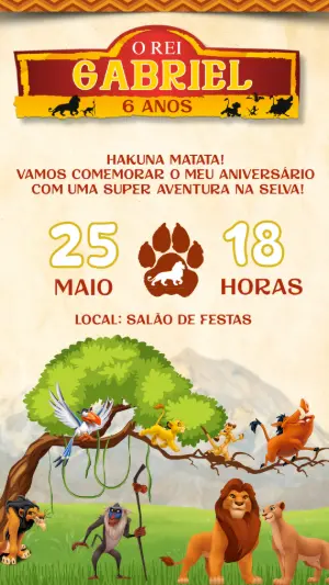Convite de Aniversário Rei Leão com Personagens para Editar