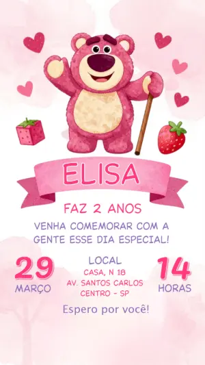Convite de Aniversário Ursinho Lotso Rosa Editável