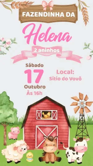 Convite Aniversário Fazendinha Menina Aquarela para Editar