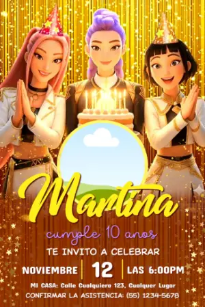 Invitación de Cumpleaños Las Guerreras K-Pop para Editar