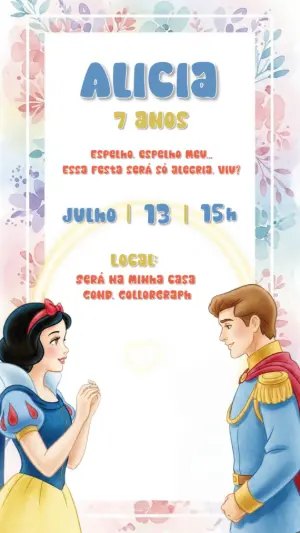 Convite Aniversário Branca de Neve com Príncipe para Editar Online