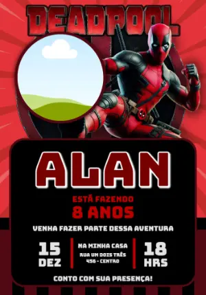 Convite de Aniversário Deadpool Vermelho e Preto Editável
