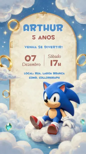 Convite de Aniversário Sonic nas Nuvens Modelo Editável