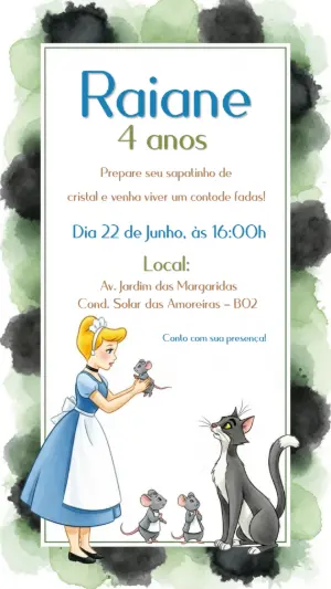 Convite Aniversário Cinderela Aquarela para Editar Online