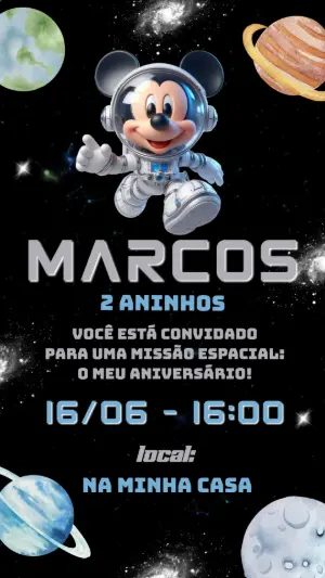 Convite de Aniversário Mickey Astronauta no Espaço Editável