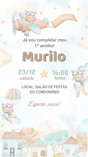 Convite de Aniversário Ursinho Aviador Aquarela para Editar