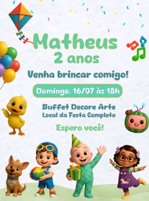Convite Aniversário Cocomelon com Personagens para Editar Online