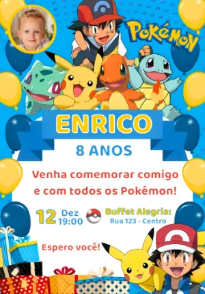 Convite de Aniversário Pokémon com Foto para Editar Online