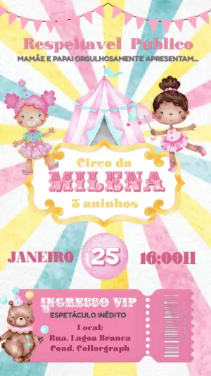 Vídeo Convite de Aniversário Circo Rosa Menina Editável