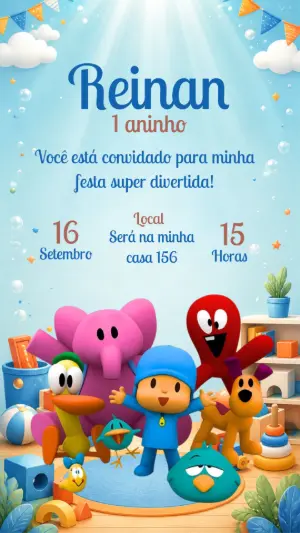 Convite de Aniversário Pocoyo: Modelo Digital Editável