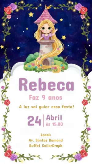Convite de Aniversário Rapunzel Enrolados Editável Digital