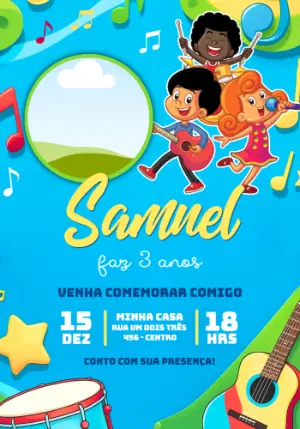 Convite de Aniversário 3 Palavrinhas Musical com Foto Editável