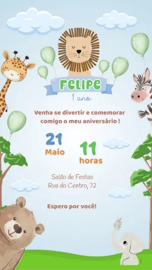 Convite de Aniversário Safari com Animais para Editar Online