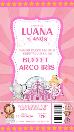 Convite Digital Aniversário Circo Rosa Menina para Editar