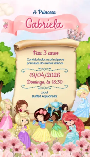 Convite de Aniversário Princesas Baby Cute Editável