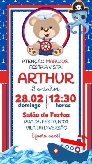 Convite de Aniversário Ursinho Marinheiro Editável
