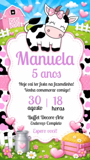 Convite de Aniversário Vaquinha Fazendinha Rosa Editável