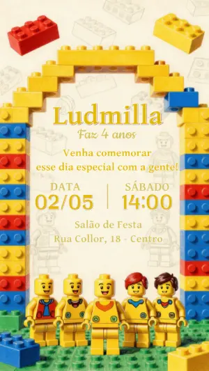 Convite de Aniversário Blocos de Montar Colorido para Editar