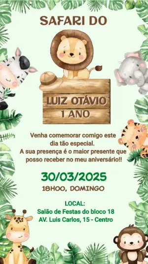 Convite Animado Aniversário Safari com Animais para Editar Online