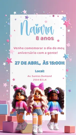 Convite de Aniversário Roblox com Bonecas para Editar Online