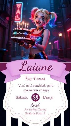 Convite de Aniversário Arlequina Moderno para Editar