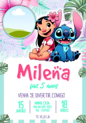 Convite Digital Lilo e Stitch Festa Tropical Editável com foto