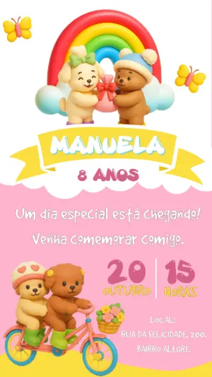 Convite de Aniversário Ursinhos Fofos para Editar Online